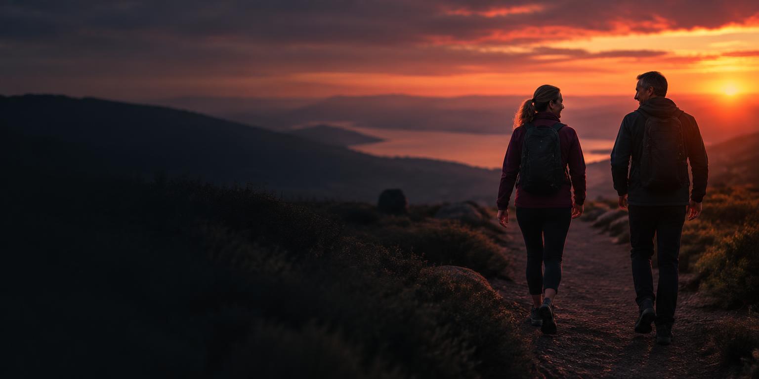 A woman and man walking together toward sunrise
