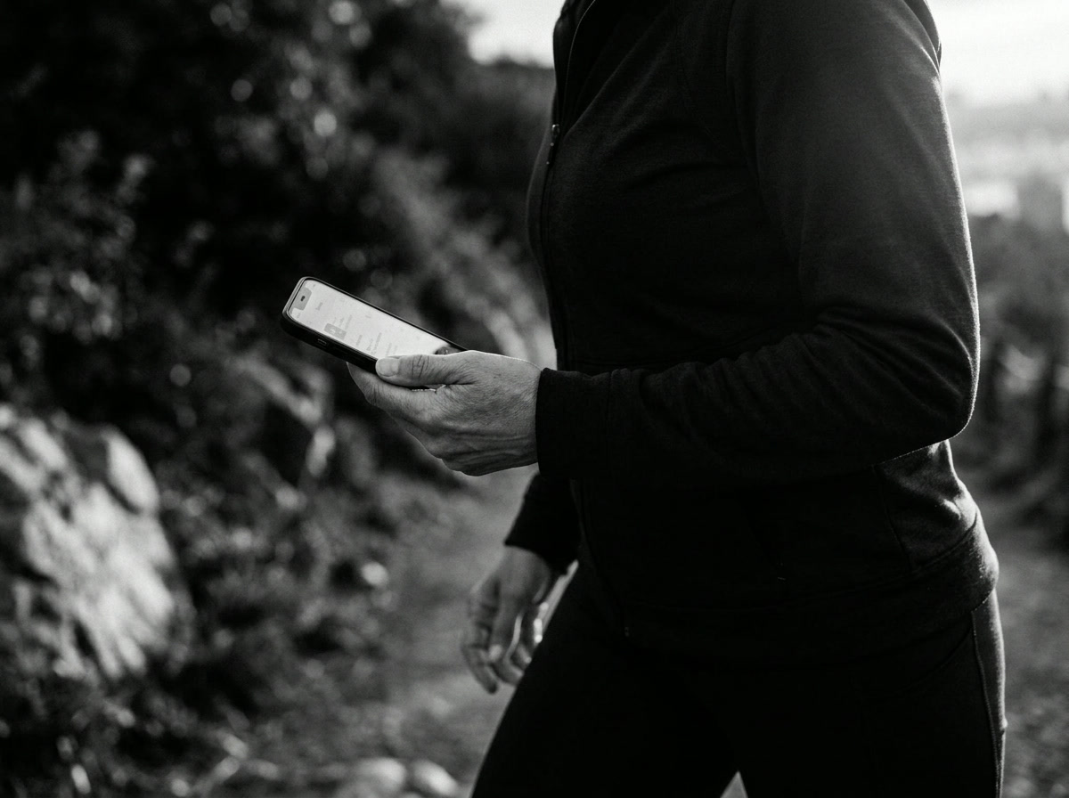 Woman checking a follow-up message during an early walk