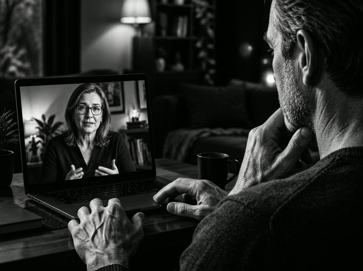 Man listening during a video consultation with a clinician