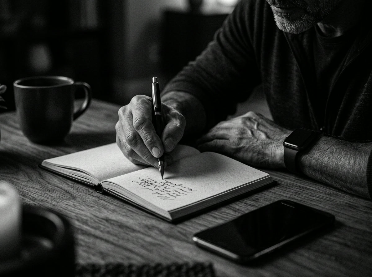 Man preparing health questions in a notebook at home