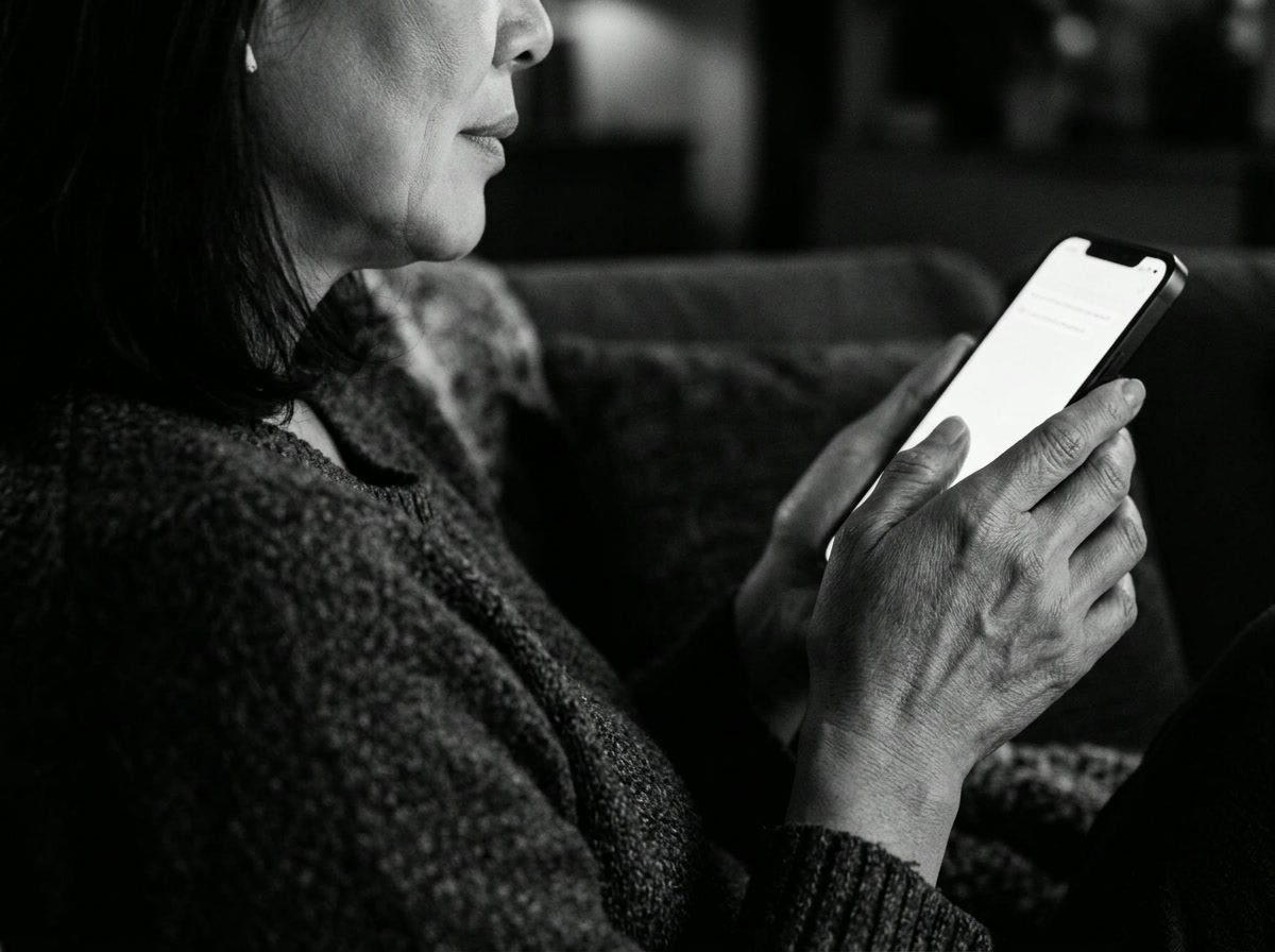 Woman listening during a care-team call from home
