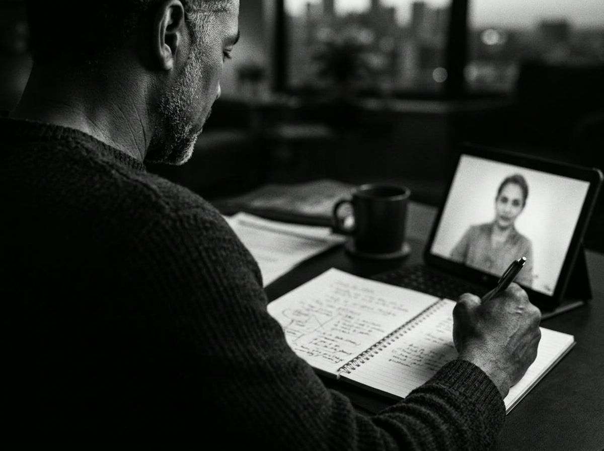 Man taking notes during a private video consultation at home